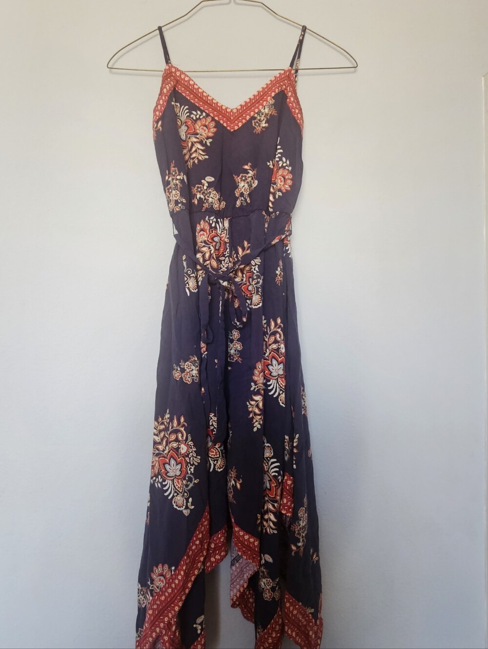 Women's Handkerchief Hem Dress Red Navy Blue Paisley Floral Flowy Bohemian M
